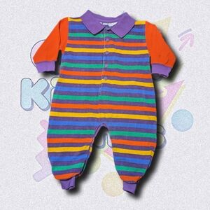 Vintage Vibrant Stripe Footed Romper | Purple Polo Collar One-Piece Snap Suit |